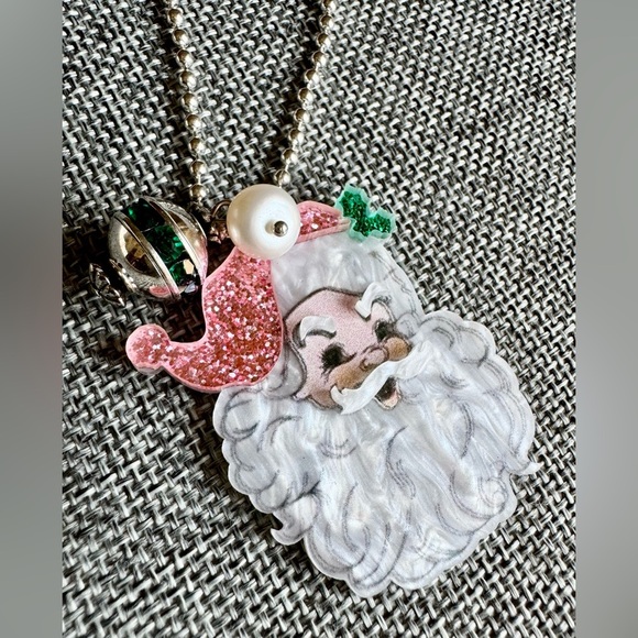 New Festive Pink Christmas Acrylic Santa Claus Shimmer Statement 18” Necklace - Picture 3 of 11
